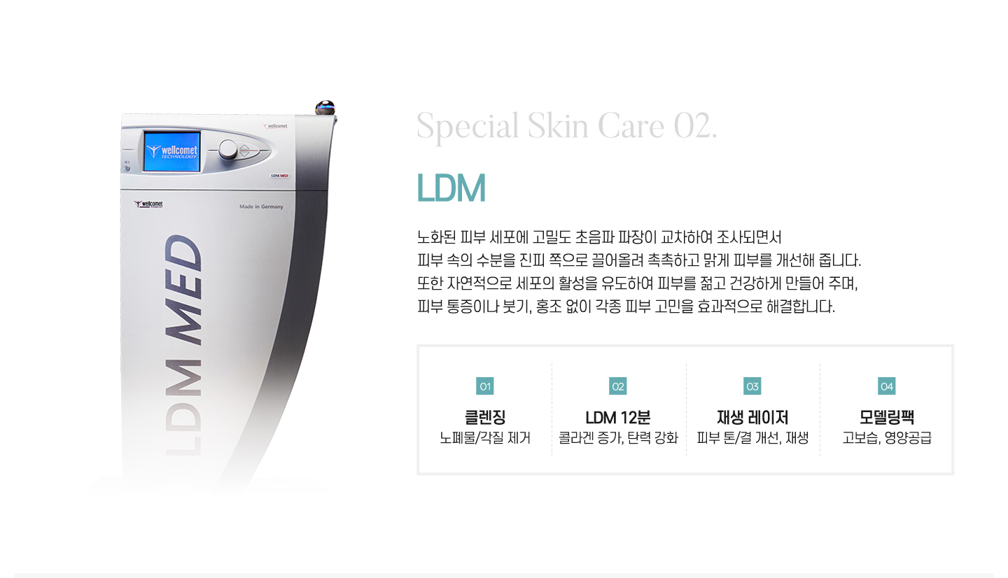 LDM : 피부 속의 수분을 진피 쪽으로 끌어올려 촉촉하고 맑게 피부를 개선