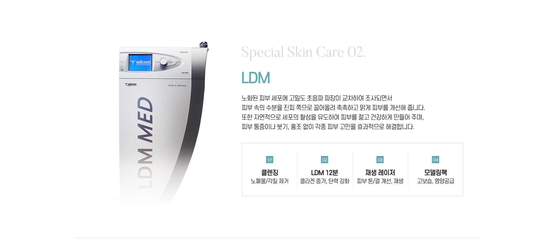 LDM : 피부 속의 수분을 진피 쪽으로 끌어올려 촉촉하고 맑게 피부를 개선